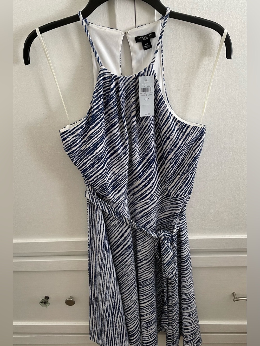 Ann Taylor Navy & White Halter Midi Dress with Waist Tie 5% Spandex NWT Size 0